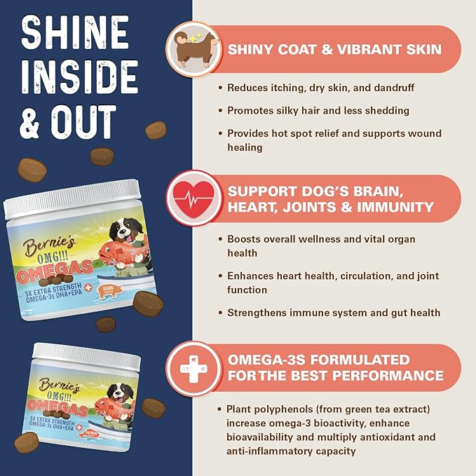 Bernie's OMG! Omegas Chews for Dogs - 5X Extra Strength DHA+EPA, Fish Oil, Healthy Skin & Coat, Allergy Relief, Joint Supplement (Pork Flavor)