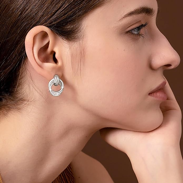 14K Gold Plated Chunky Clip On Earrings for Women 14k Gold Knot Link Clip Earrings Silver Rhinestone Hoop Clip On Earrings Jewelry for Women