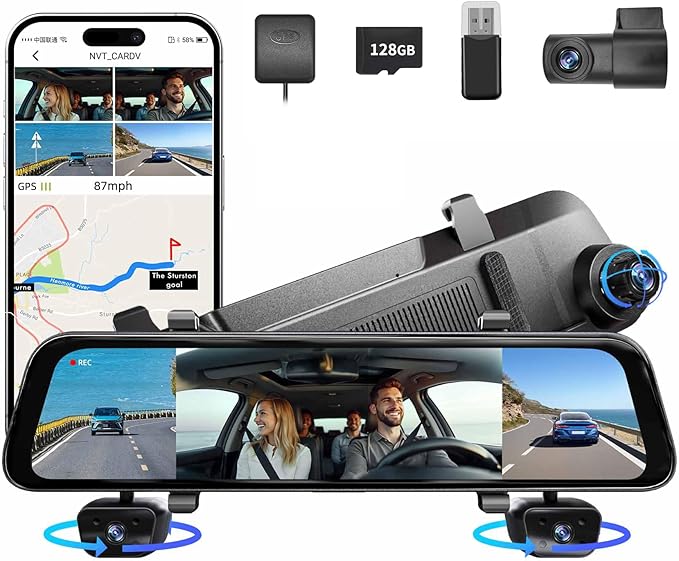 2025 Rear View Mirror Camera, 4 Channel Mirror Dash Cam Front and Rear Inside, 12" Touch Screen 360° Dash Camera for Cars, Wi-Fi, APP, GPS, IR Night Vision Backup Camera, Free 128GB SD Card