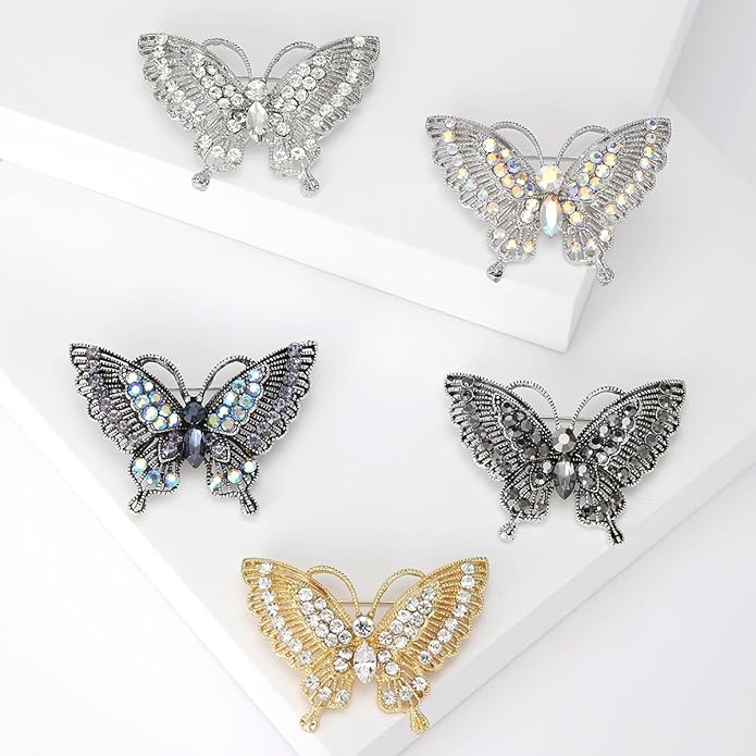 Rhinestone Butterfly Brooch for Women Sparkling Gold Silver Blue Black Crystal Big Butterfly Brooch Pin Cute Insect Pin Elegant Clothing Hat Bag Skirt Accessories Christmas Birthday Party Jewelry