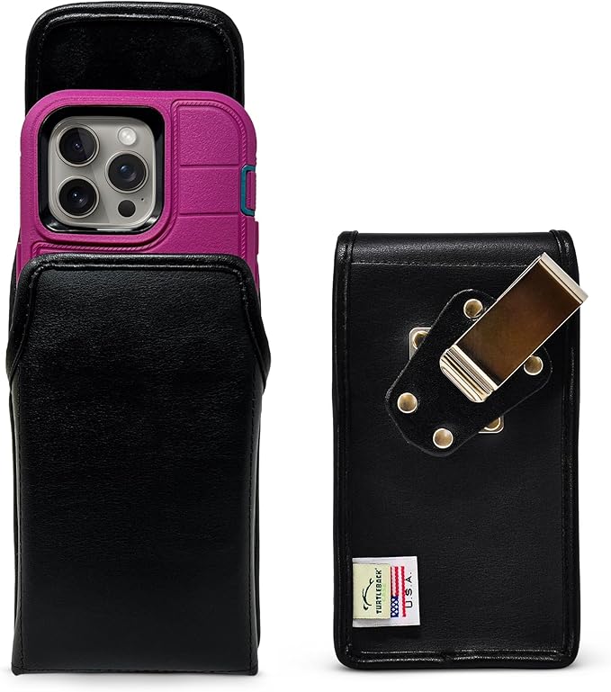 Turtleback Belt Clip for iPhone 16 Pro, 16e, 15 pro 14 Pro 13 Pro -Large- Fits w/Defender Bulky Style Cases, Premium Black Leather, Vertical Belt Holder, Magnetic Closure HD Rotating Belt Clip