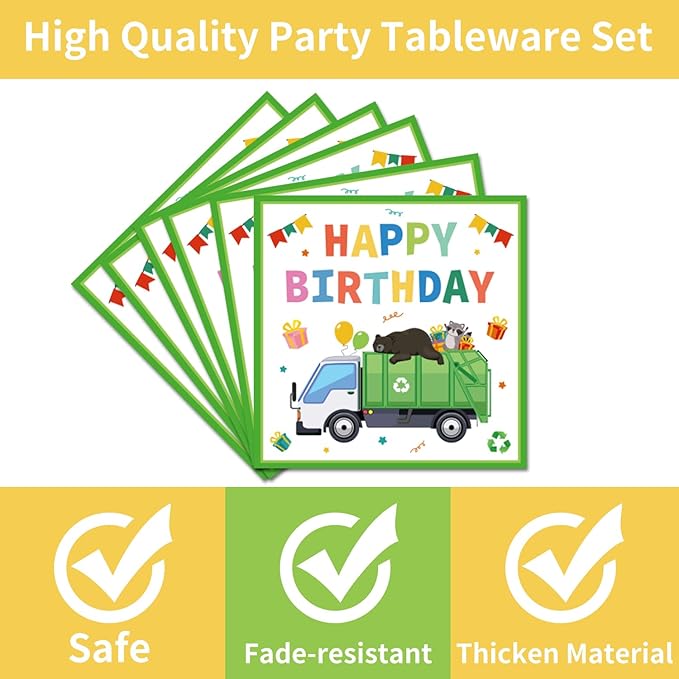 96PCS Garbage Trash Truck Plates and Napkins Party Supplies Trash Truck Birthday Party Decorations Waste Management Recycling Rubbish Truck Themed Disposable Tableware Set Serve 24 Guests