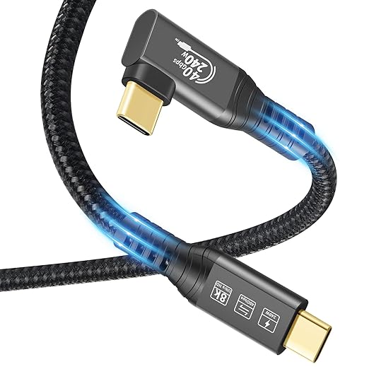 USB4 Cable, with Thunderbolt 4, 240W Charging, 40 Gbps Data Cable, 8K @ 60Hz HDR, USB C to USB C Cable, 90Degree for Hub, Dock MacBook, M2, M3, Mac SSD (90Degree USB4 40G 240W 0.5M)