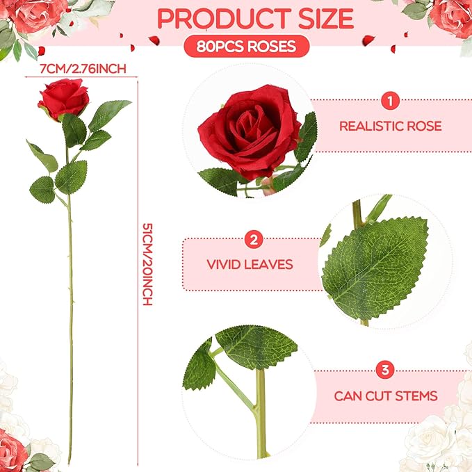 Hotop 80 Pcs Rose Artificial Flowers Bulk with Long Stem, Silk Roses Realistic Fake Flowers Bouquet for Wedding Table Centerpieces Bridal Shower Party Home Decorations(Red)