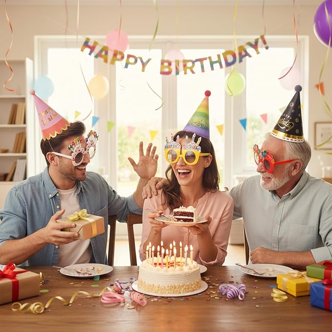 20 Pcs Birthday Party Hats and Sunglasses Set, Happy Birthday Cone Hats & Sunglasses Rainbow Party Cone Hat with Pom Poms for Adults & Kids Photo Props Parties Decor Favors Supplies