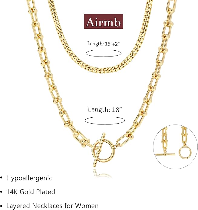 Gold Necklace for Women Layered 14k Plated Tendy Chunky Gold Necklace Cuban Link Choker Paperclip Chain Stackable OT Toggle Clasp Hypoallergenic Fashion Chunky Statement Jewelry Gifts for Women
