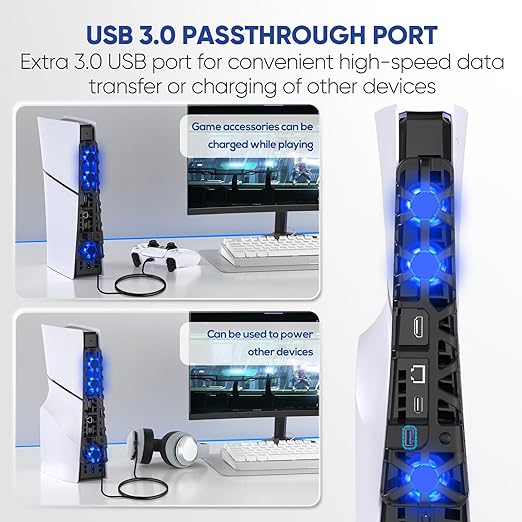 RGB PS5 Slim Light Cooling Fan, Temperature Controlled Fan Speed, Smart Memory Start-Stop Function, USB 3.0 Hub, Efficient Quiet Fan for PS 5 Slim Disc & Digital