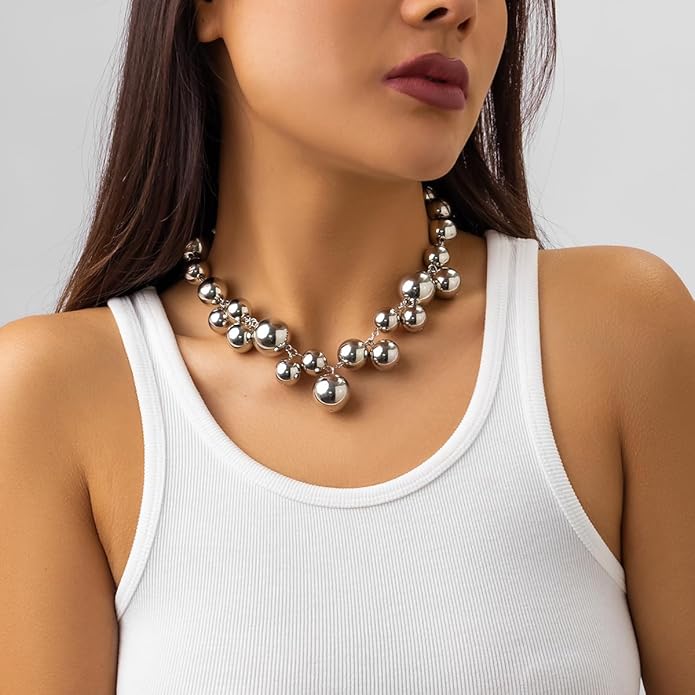 Chunky Pearls Statement Choker Necklace for Women,14K Gold Large Beaded Punk Ball Cluster Collar Necklace Party Dainty Jewelry Gift