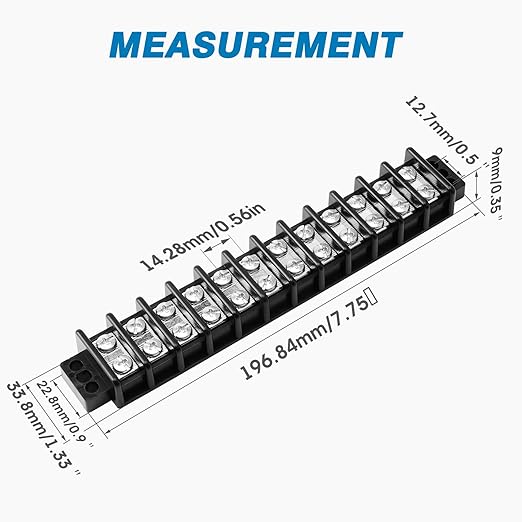 GLOSO Marine Terminal Blocks TBD Double Row Stainless 10-22 AWG Cu, 30A/600V- 1 Pack, 12 Poles
