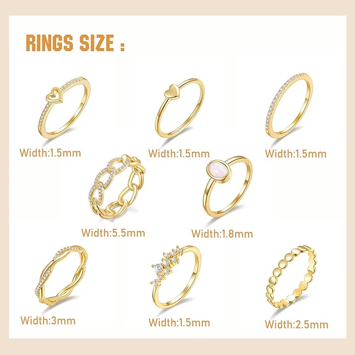 PLOMFOV 14K Gold/Silver Plated Stacking Rings Set for Women Non Tarnish CZ Heart Simple Cute Stackable Rings Dainty Trendy Gold Statement Rings Plain Band Size 4-12