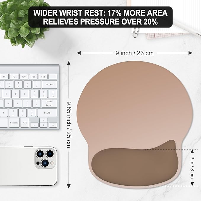 ITNRSIIET Ergonomic Mouse Pad with Wider Memory Foam Wrist Rest +17% - Curved Cushion Reduces Pressure 20%, Pain Relief, Non-Slip, Smooth, Cute Colors, 9.85 x 9 in, Soft Brown Gradient