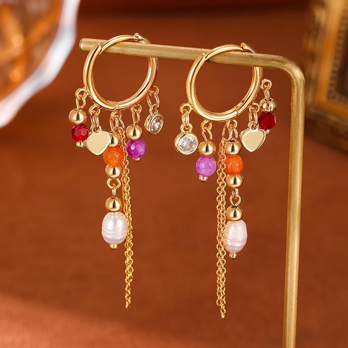 Boho Tassel Hoop Earrings for Women 14K Gold Pearl Earrings Dainty Colorful Bead Pendant Earrings Ethnic Style Statement Jewelry for Vacation Festival Party