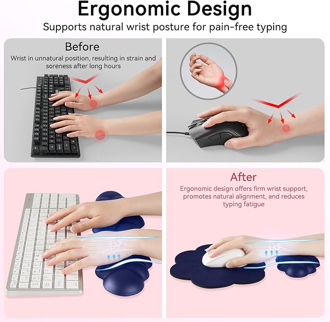 Cloud Wrist Rest for Computer Keyboard, 4-in-1 Memory Foam Leather Cloud Keyboard Wrist Rest and Mouse Pad Set with Ergonomic Support for Arm and Palm Cushion, Gaming/Work Setup, Dark Blue