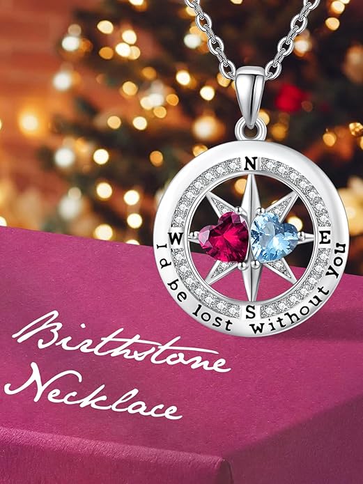 Compass Necklace for Women, Exquisite S925 Valentines Day Anniversary Birthday Gifts for Wife Her Double Birthstone Pendant Jewelry ‘I'd be Lost Without You’