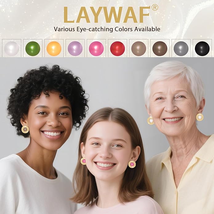 Faux Pearl Gold Plated Stud Earrings for Women, Hypoallergenic Stainless Steel Ear Pin, Available in a Variety of Pearl Colors
