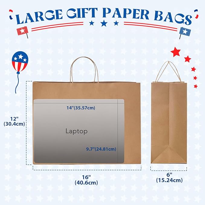 MESHA Gift Paper Bags 200 Pack 16X6X12 Brown Large Shopping Kraft Bags Bulk with Handles Reusable for Business,Grocery,Birthday,Wedding,Kids Party,Favors