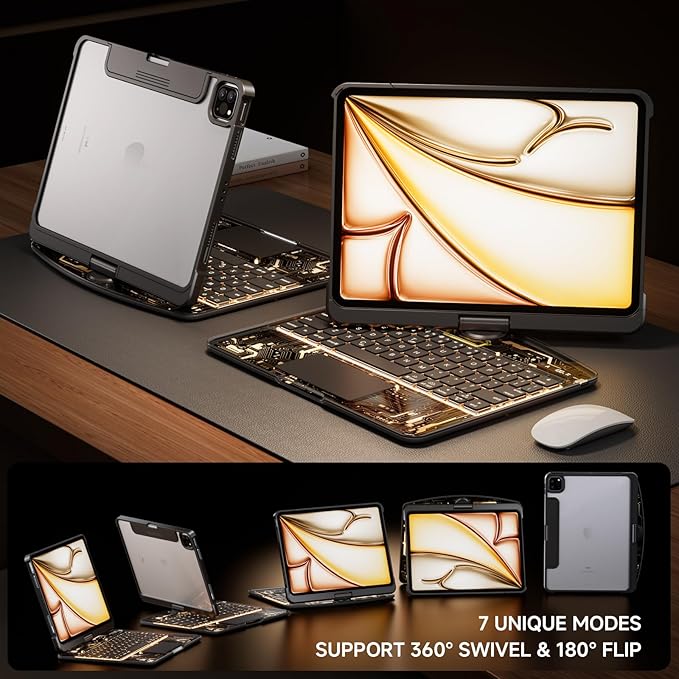 Transparent Case with Keyboard for iPad Air 13 Inch (M3/M2, 2025/2024), iPad Pro 12.9 Inch (6/5/4/3 Gen),7-Color Backlit,Magic Wireless Keyboard, 360°Rotating,with trackpad,Pencil Holder,Black