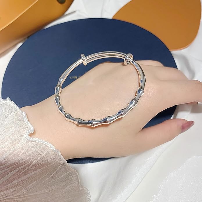 Solid 925 Sterling Silver Bracelets for Women Simple Adjustable Bangle Bracelet