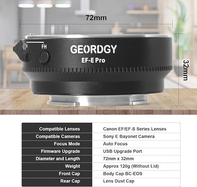 GEORDGY Lens Mount Adapter, EF-SE Pro for Canon EF/EF-S Lenses, Compatible with Sony E-Mount Series Cameras, Custom Assignable Functions to Focus Lock Button