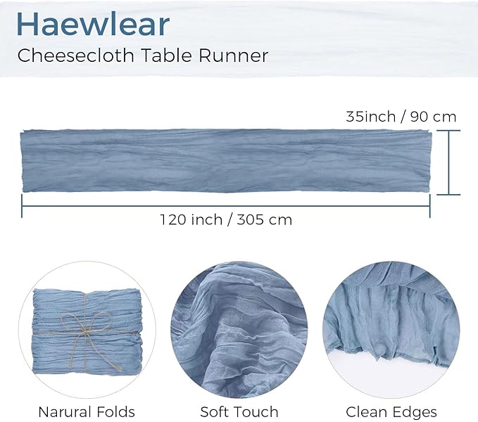 20PCS Dusty Blue Cheesecloth Table Runner 10ft Boho Gauze Fabric Cheese Cloth Table Runner Comes with 20 Cloth Napkins Runner for Romantic Wedding Birthday Shower Party Table Decoration