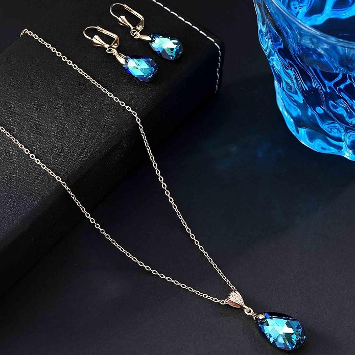 EVEVIC Austrian Crystals Teardrop Pendant Necklace Earrings for Women 14K Gold Plated Hypoallergenic Leverback Drop Dangle Earrings Jewelry Set