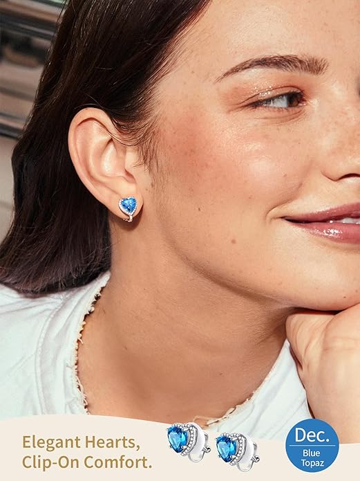FindChic Sparkling Birthstone Clip On Earrings for Women, Silver Plated Stud Earrings 8MM Cubic Zirconia Non Pierced Studs, 12 Months Birthday Jewelry Gift