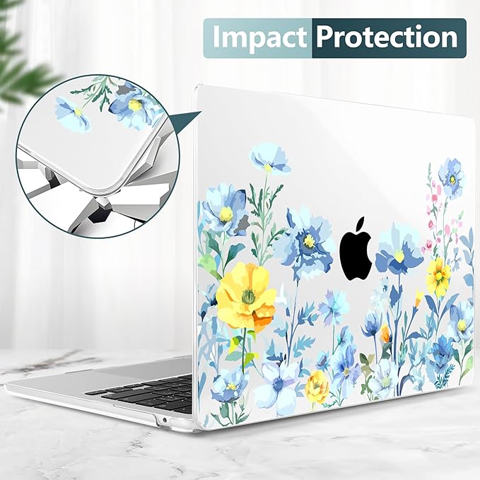 TWOLSKOO Compatible with M4 MacBook Air 13.6 inch Case 2025-2022 Release M4 A3240 M3 A3113 M2 A2681, Plastic Hard Shell & Keyboard Cover & Type C Adapter & Screen Protector, Blue Flowers
