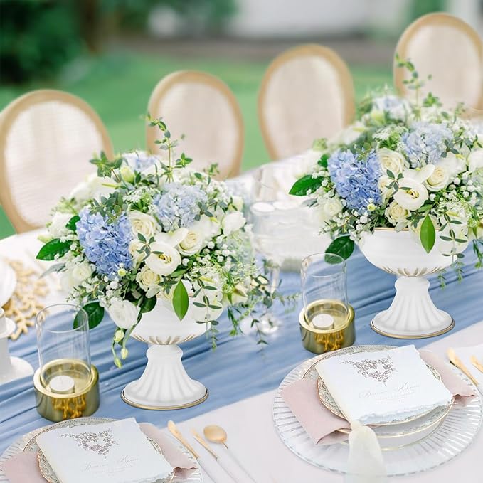 White Wedding Vases for Centerpieces: Small Flower Vase for Tables - 6.5 Inch Metal Compote Bowl Urn Pedestal for Party Anniversary Event Home Decor Set of 2