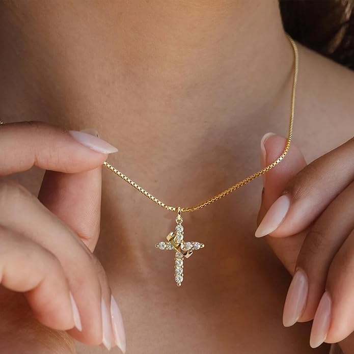 Crown Cross Necklace for Women, 14K Gold Silver Cubic Zirconia Crown Cross Necklace, Diamond Gold Silver Cross Necklaces, Dainty Cross Faith Simple Trendy Charm Jewelry Gift for Women