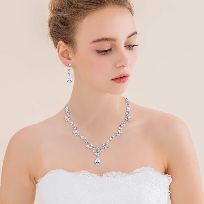 Crysdue Wedding Jewelry Set for Women, Floral Leaf Vine Teardrop Necklace Dangle Earrings Bracelet and Hair Comb, Cubic Zirconia Elegant Party Prom Jewellery for Bridal Bridesmaid