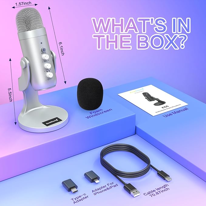 ZealSound USB Microphone,Condenser Computer PC Mic,Plug&Play Gaming Microphones for PS 4&5.Headphone Output&Volume Control,Mic Gain Control,Mute Button Vocal,YouTube Podcast on Mac&Windows(Silver)
