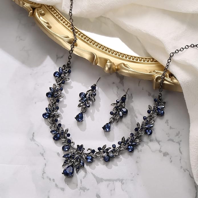 BriLove Women's Wedding Jewelery Set Leaf Flower Crystal Teardrop Marquise Cluster Pendant Necklace Dangle Earrings for Bridal Party