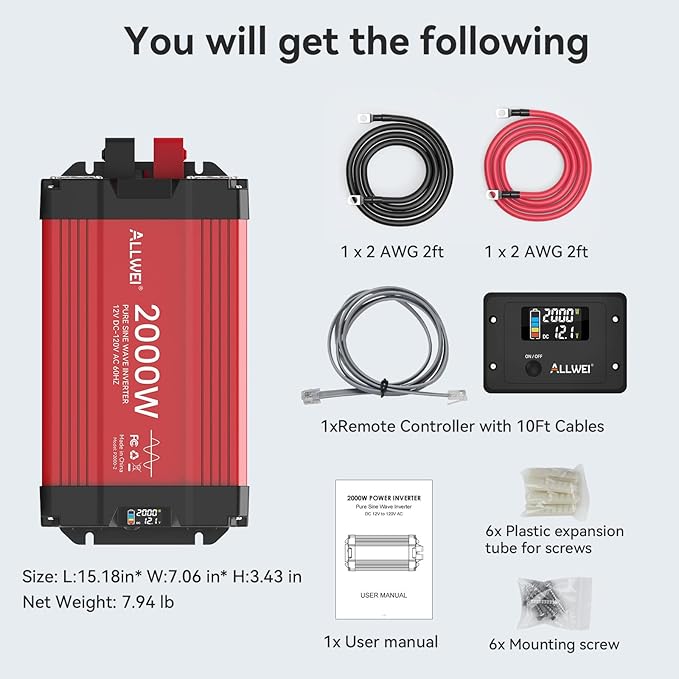 ALLWEI 2000W Pure Sine Wave Inverter 12V DC to 110V/120V AC Converter, Surge 4000W, 2 AC Sockets, LCD Display, Power Inverters for Vehicles, RV Truck Home Solar & Off-Grid Inverter, Remote Controller