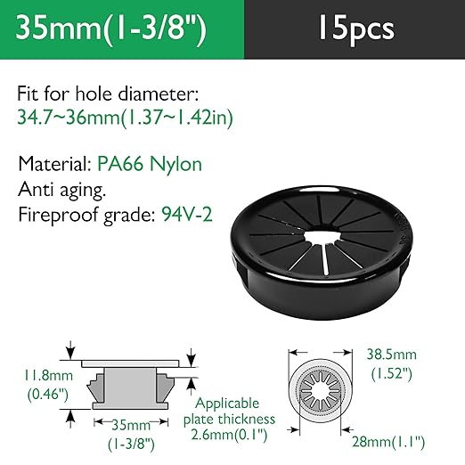 15PCS Cable Grommets, 1-3/8"(35mm) Desk Hole Cover Petal Shaped Buckle Type Nylon Snap Bushing Grommet, Wire Hole Cover Insert for Cables and Cords Management and Protection of Cabinet, Black