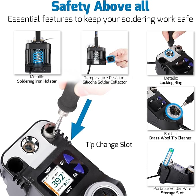 WEP 982-V Micro Soldering kit with 5 C210 Soldering Iron Tips, Temperature Control, Sleep Mode, Auto Shutdown and LCD Display