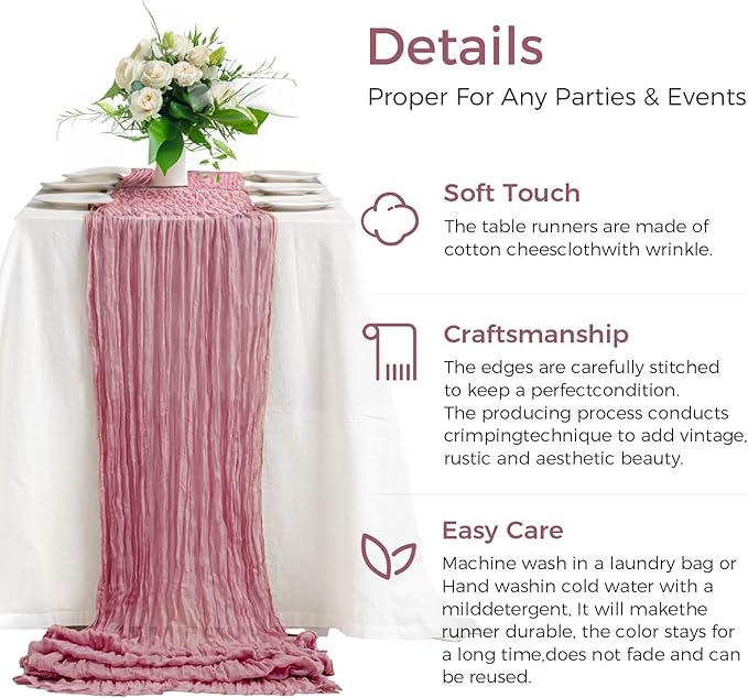 10PCS Dusty Rose Cheesecloth Table Runner 10ft Boho Gauze Fabric Cheese Cloth Table Runner Comes with 10 Cloth Napkins Runner for Romantic Wedding Birthday Shower Party Table Decoration