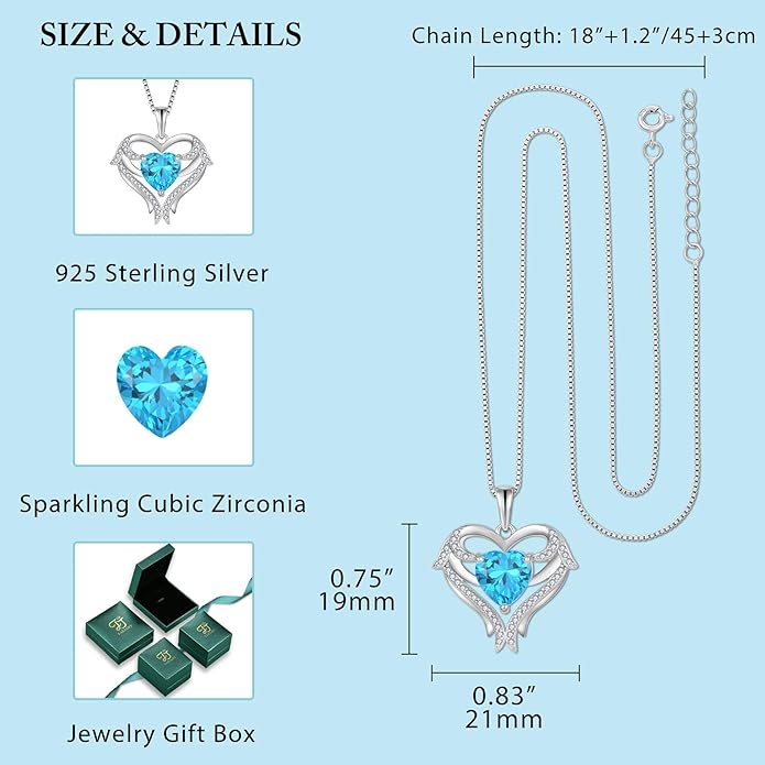 FJ Heart Angel Wings Pendant Necklace 925 Sterling Silver Birthstone Jewelry Gifts for Women