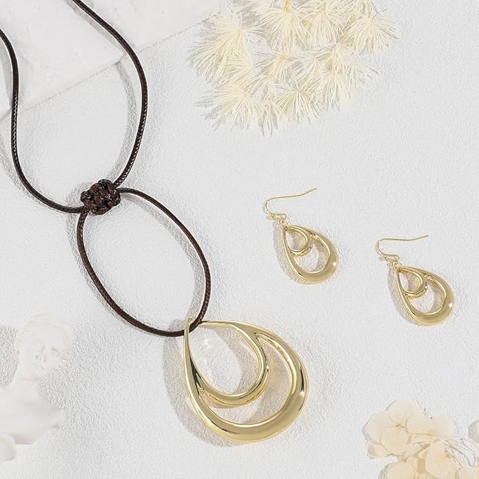 Madison Tyler Gold Plated Jewelry Set for Women | Silver Teardrop Pendant Necklace Trendy | Long Necklace with Snake Chain | Fashion Dangle Earring Set