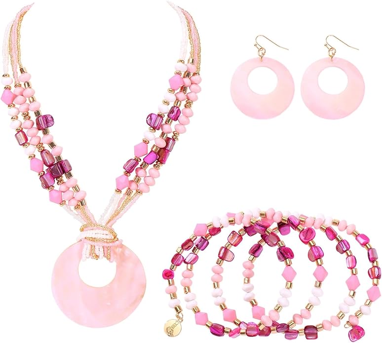 Jewelry Sets for Women 4 Pcs Chunky Beaded Mrs Roper Costume Jewelry for Women Boho Multi Strand Colorful Shell Necklace for Women
