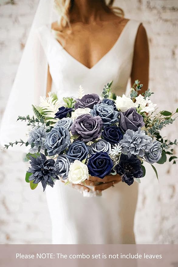 Roses Artificial Flowers Dusty Blue Silk Bulk for DIY Wedding Bouquets Bridal Baby Shower Decorations Fake Floral Arrangements for Party Table Centerpieces Home Decor Indoor Navy Royal Box Set