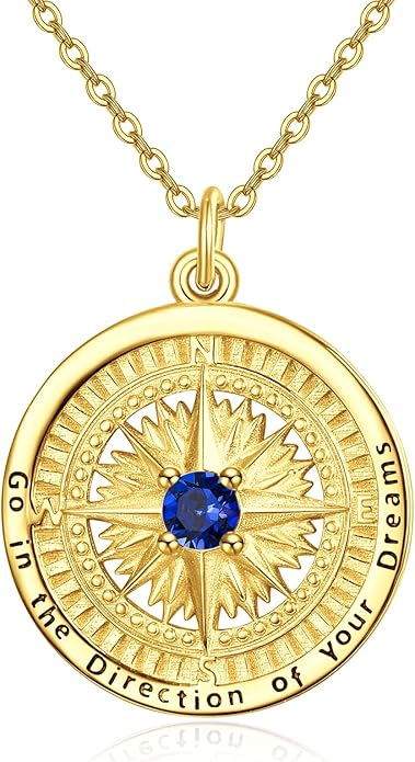 KINGWHYTE Graduation Gifts Birthstone Necklace for Women 925 Sterling Silver Compass Pendant Go in the Direction of your Dream Travel Jewelry Birthday Gift for Her