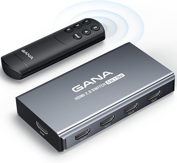 HDMI Switch 5 in 1 Out 4K@60Hz, GANA HDMI Splitter Switcher with Remote, Aluminum HDMI 2.0 Switch Box Hub for 3D, HDCP2.2, HDR, Compatible with Xbox, PS5/4/3,Fire Stick,Roku,Blu-Ray Player