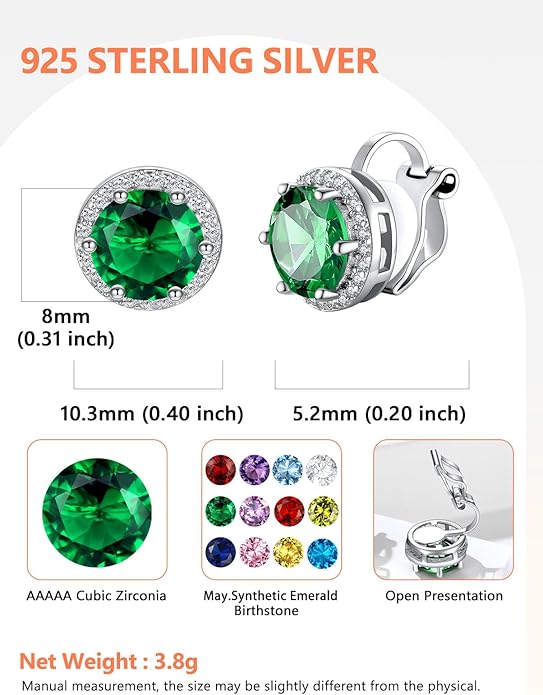 Silvora 925 Silver 8MM Cubic Zirconia Birthstone Clip On Stud Earrings Round Non Pierced Earrings For Women,Come with Box