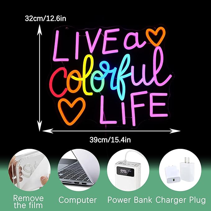 Live a Colorful Life Neon Sign for Wall Decor Positive Letter Neon Light Colorful Light Up Sign for Bedroom Classroom Party Club Office Pub Salon (12.6 * 15.4 In)