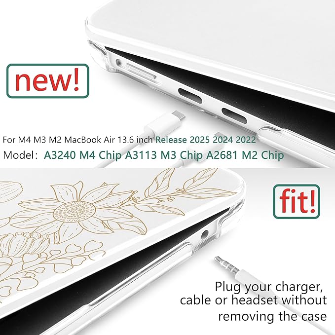TWOLSKOO Compatible with M4 MacBook Air 13.6 inch Case 2025-2022 Release M4 A3240 M3 A3113 M2 A2681, Plastic Hard Shell & Keyboard Cover & Type C Adapter & Screen Protector, Monoline Floral