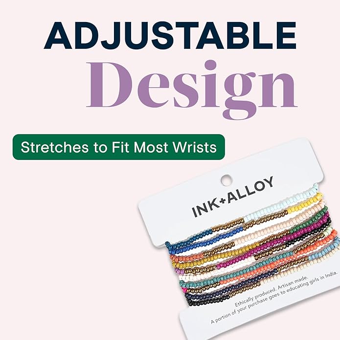 INK + ALLOY 10-Strand Stacking Beaded Bracelets for Women – Mixed Patterns Bracelet Stack - Adjustable Stretch Fit - Handmade Boho Bracelets for Women - Perfect for Any Occasion