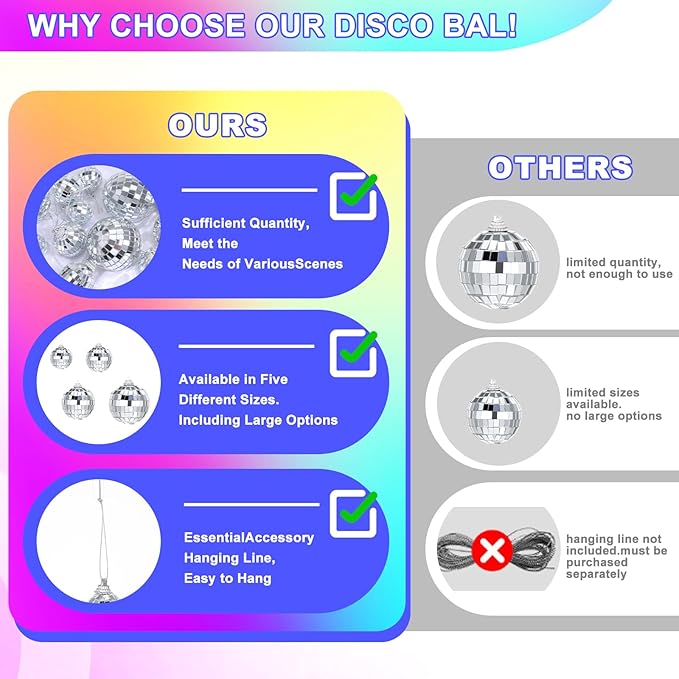 50 Pcs Disco Ball Ornaments, 1.18, 1.57, 1.97, 2.36 Inch Disco Ball Party Decorations Party Mirror Balls with String Hanging Discos Balls for Returning to 70s 80s 90s, Rock and Hip Hop Themed Parties
