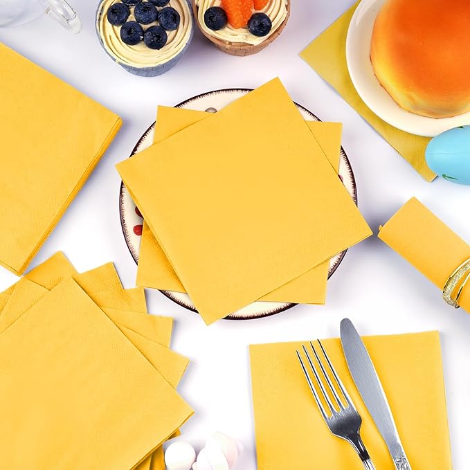 100 Pack Cocktail Napkins, 2-Ply 5x5 Inch Beverage Napkins, Square Edged Disposable Paper Napkins for Wedding, Birthday Party, Dinner, Coffee Bar (Yellow)