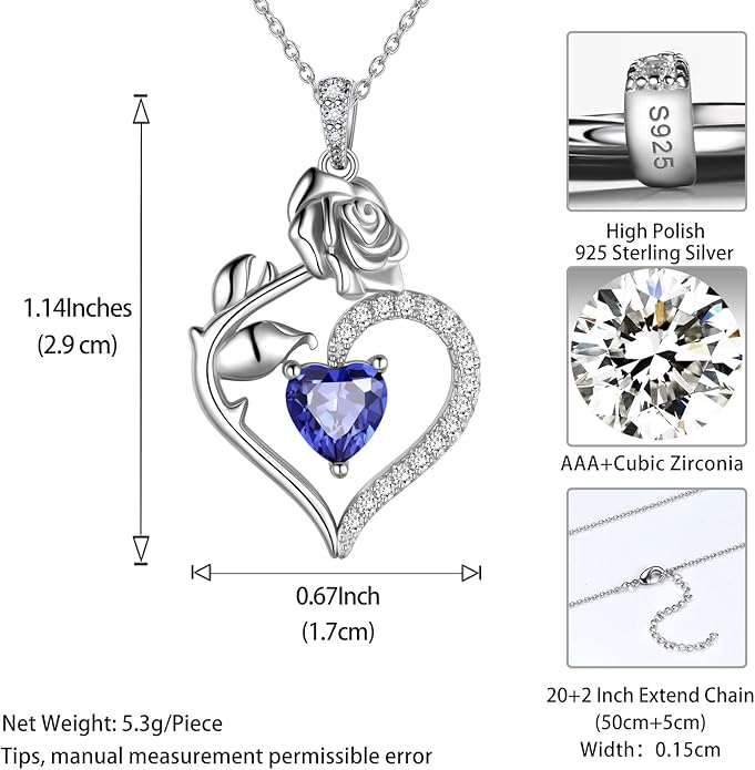 Jewmon Valentine Day Gifts for Her Rose Heart Birthstone Necklace for Women 925 Sterling Silver Birth Stone Flower Rose Necklace Anniversary Love GIfts for Girlfriend Wife Mom Birthday Gifts for Her