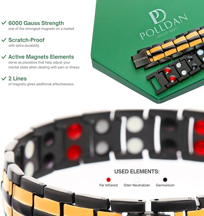 POLLDAN® 3X Power Magnetic Bracelets For Men | 6200 Gauss Strength Mens Titanium Bracelet with Fold-Over Clasp, Adjustable Length, Gift Box, Sizing Tool | Innovative Magnets Alloy - Patent